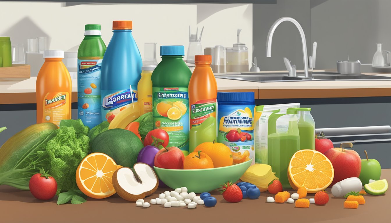 A colorful array of various fruits, vegetables, and sports drinks spilled out on a kitchen counter, with a bottle of multivitamins and electrolyte supplements nearby