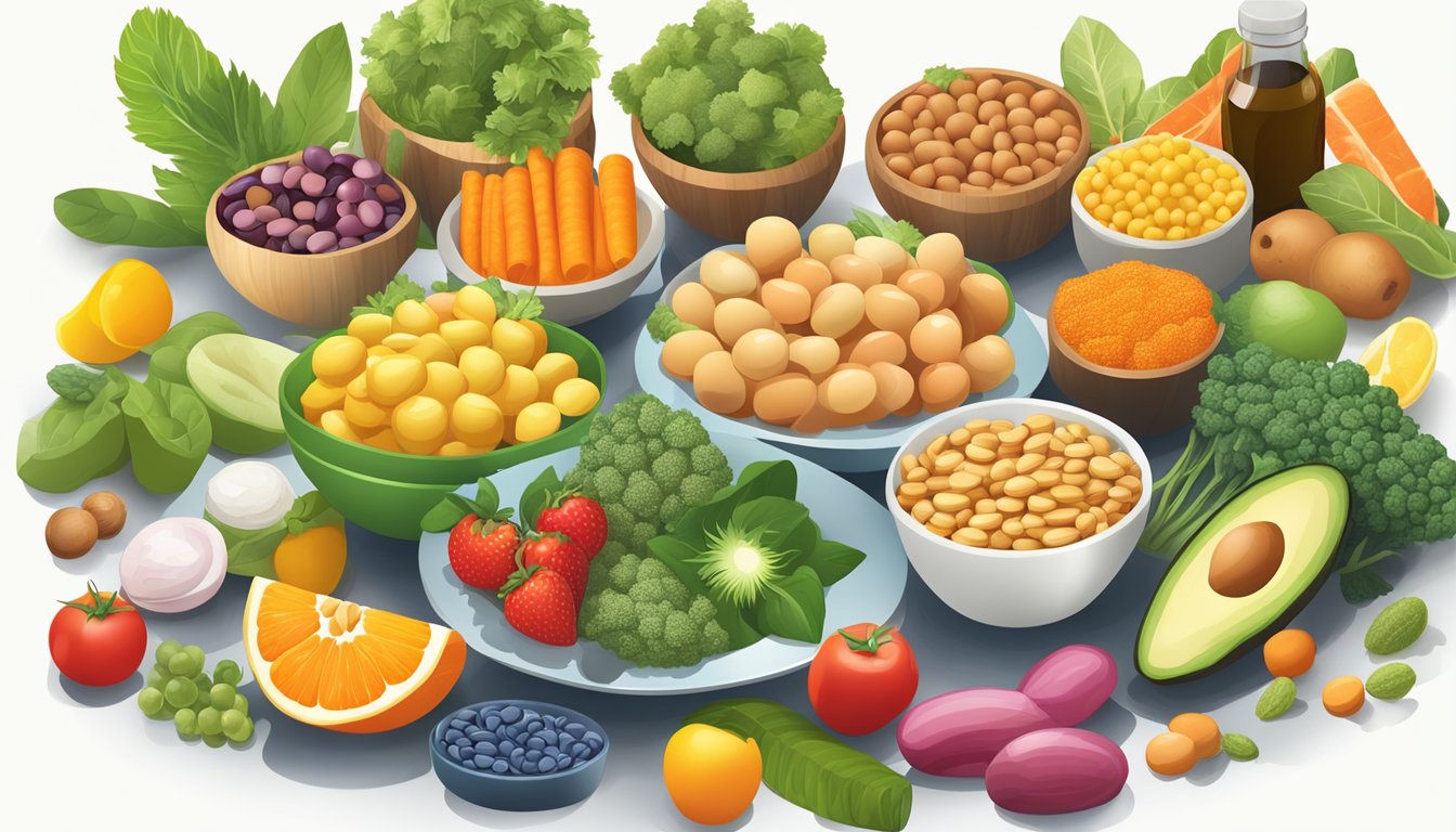 A colorful array of various nutrient-rich foods and vitamin supplements arranged on a table