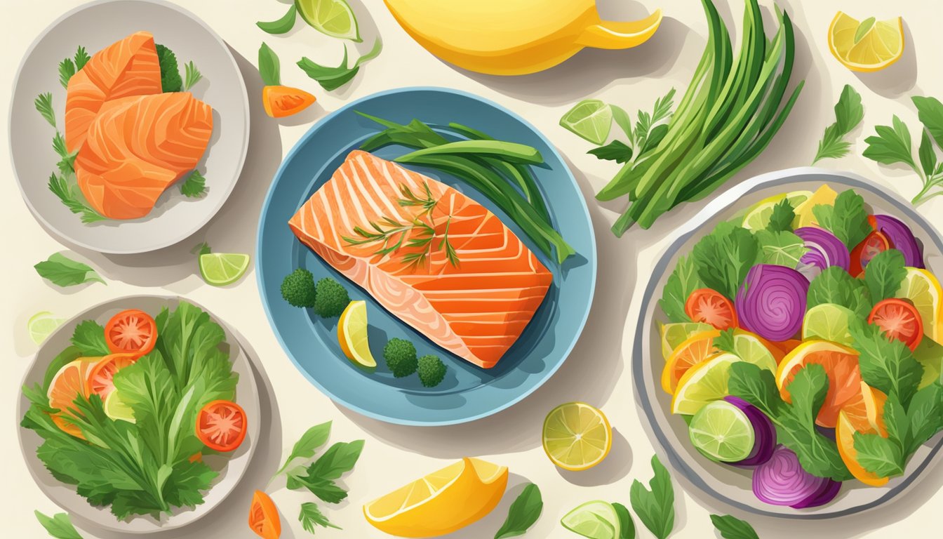 A plate with a grilled salmon fillet surrounded by colorful vegetables and a lemon wedge