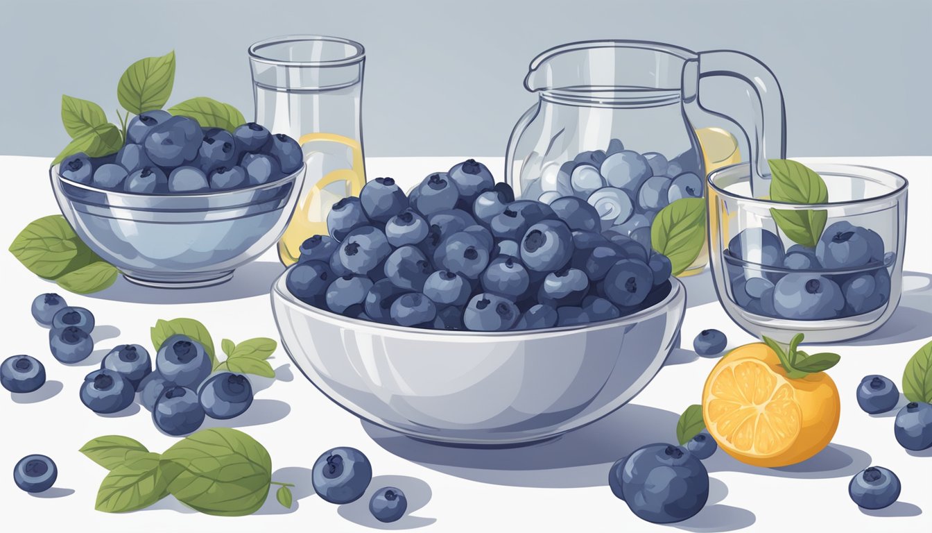 A bowl of fresh blueberries surrounded by various brain-shaped objects and a measuring cup