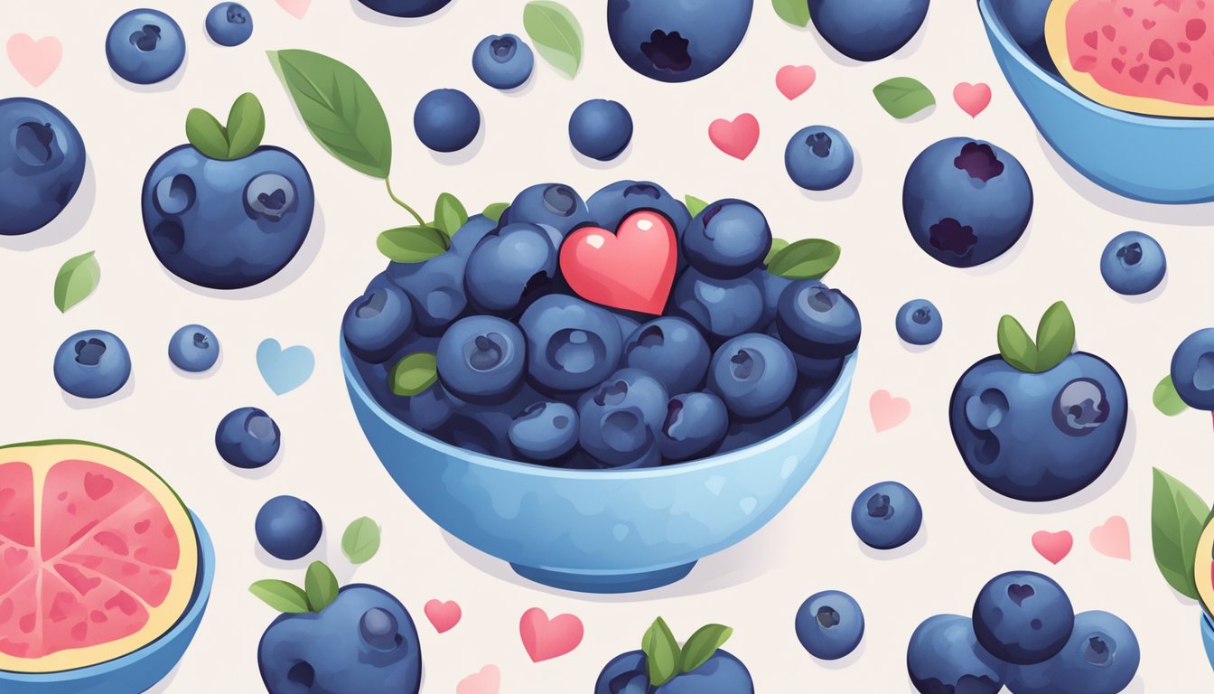 A bowl of blueberries surrounded by heart and brain icons