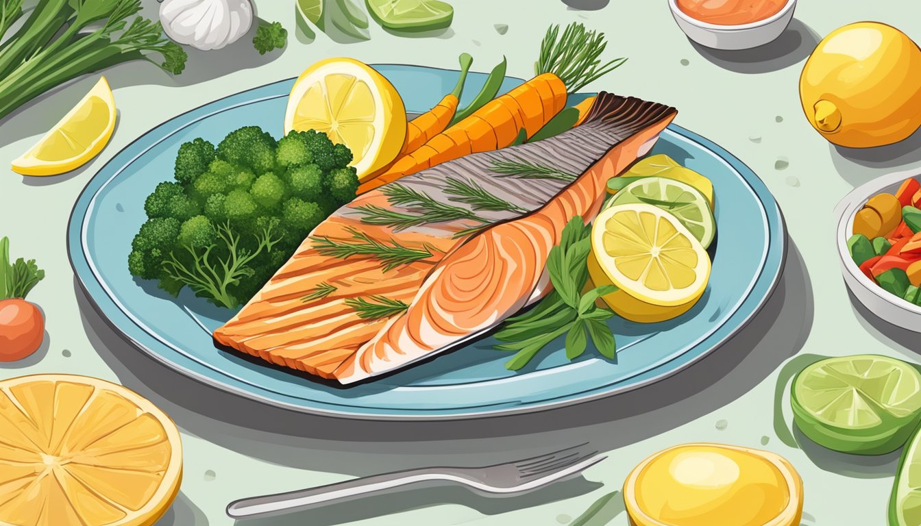 A plate of grilled salmon surrounded by colorful vegetables and a lemon wedge, representing the recommended weekly intake for optimal health benefits