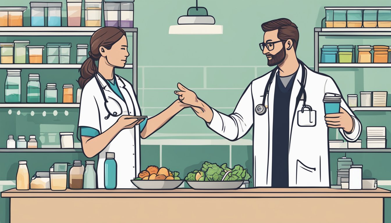 A doctor holding a meal replacement shake and gesturing with their hand while discussing serving sizes with a patient