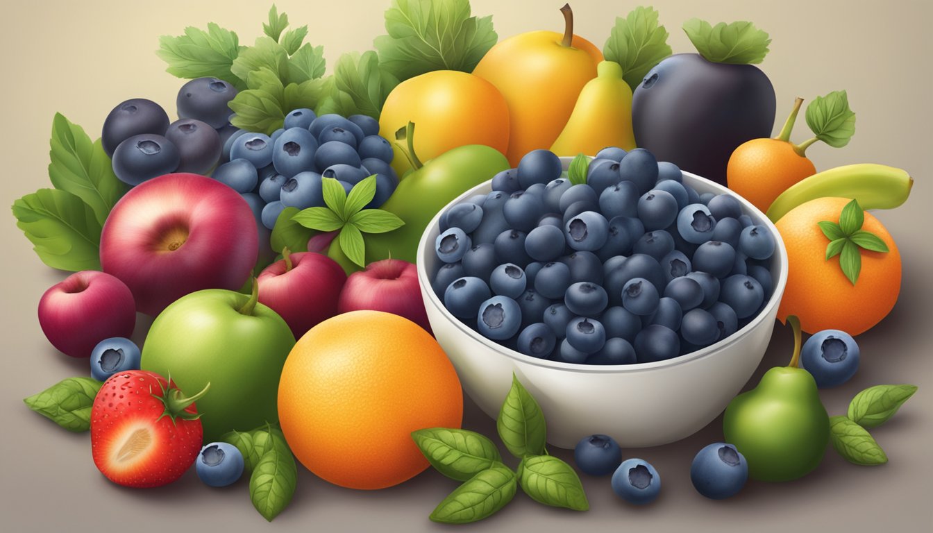 A bowl of fresh blueberries surrounded by various fruits and vegetables, with a focus on the blueberries