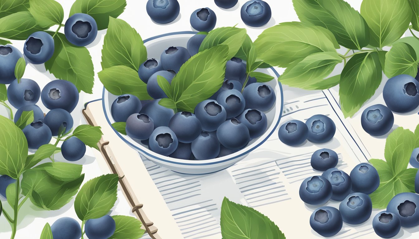 A bowl of fresh blueberries surrounded by vibrant green leaves, with a scientific journal open to a page about brain health and gut health