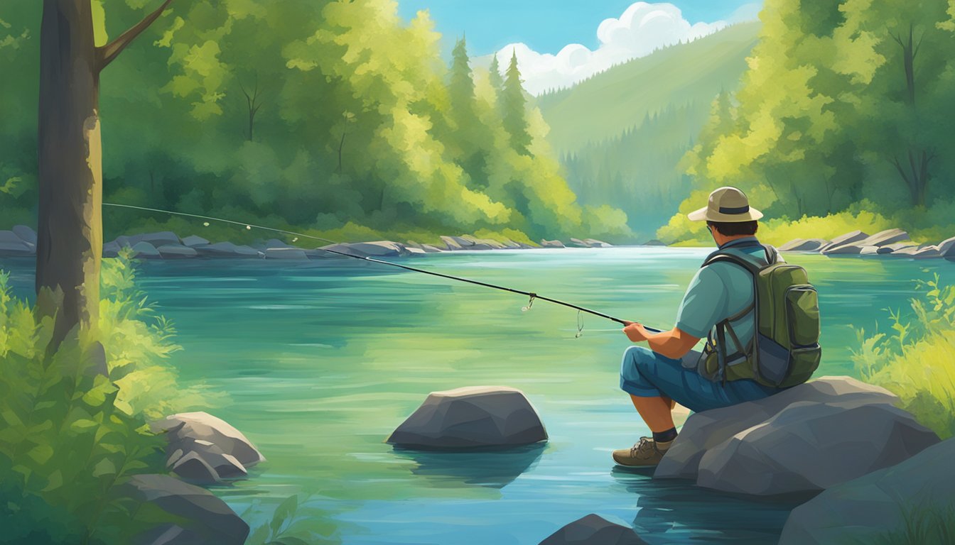 A person fishing in a clear, pristine river, holding a freshly caught salmon. Surrounding the scene are lush green trees and a bright blue sky