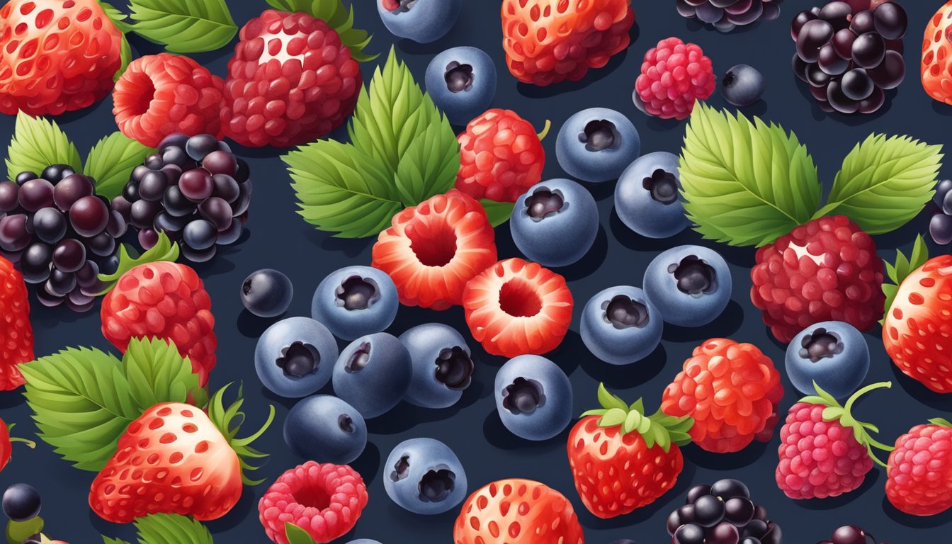 A group of assorted berries arranged in a circle with blueberries in the center, surrounded by strawberries, raspberries, and blackberries