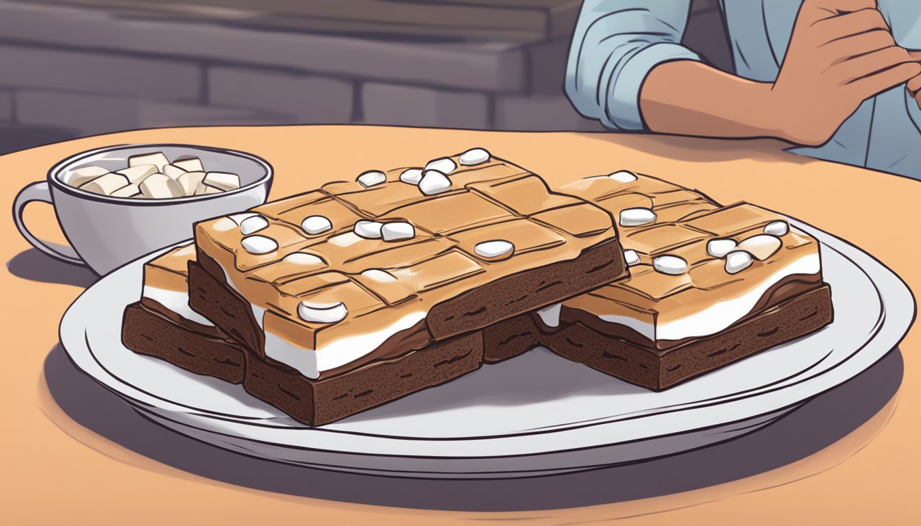 A pile of Quest Nutrition S'mores bars stacked on a plate, with a concerned person looking at them