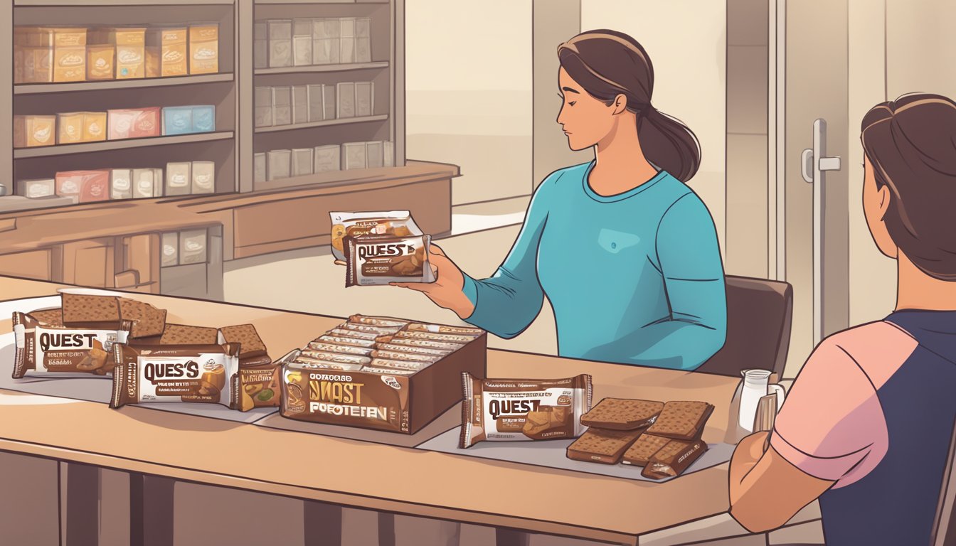 A table with multiple empty wrappers of Quest Nutrition S'mores protein bars, surrounded by uneaten bars and a concerned person checking the nutrition label