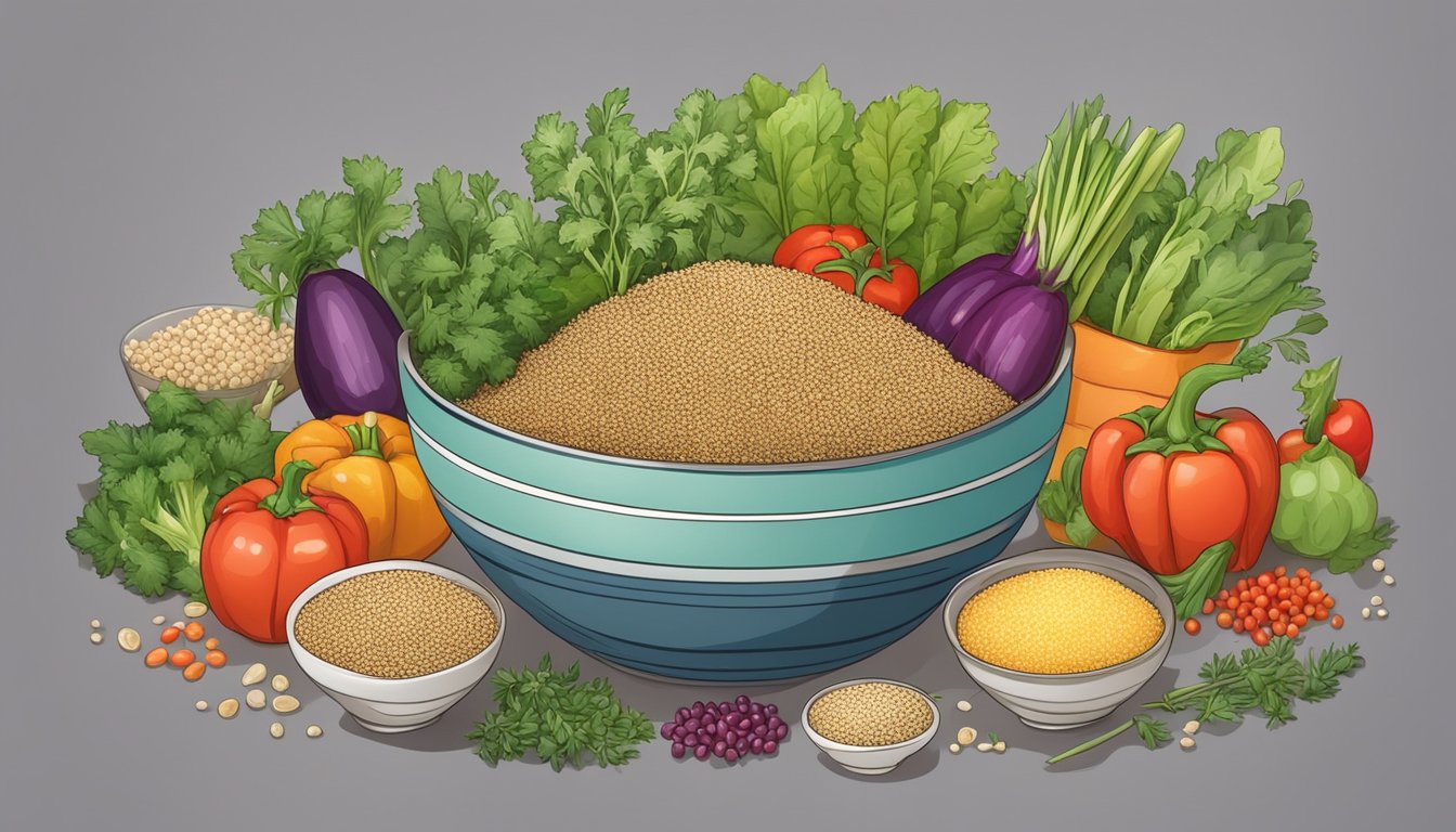 A colorful bowl filled with a variety of quinoa dishes, surrounded by fresh vegetables and herbs, with a measuring cup next to it