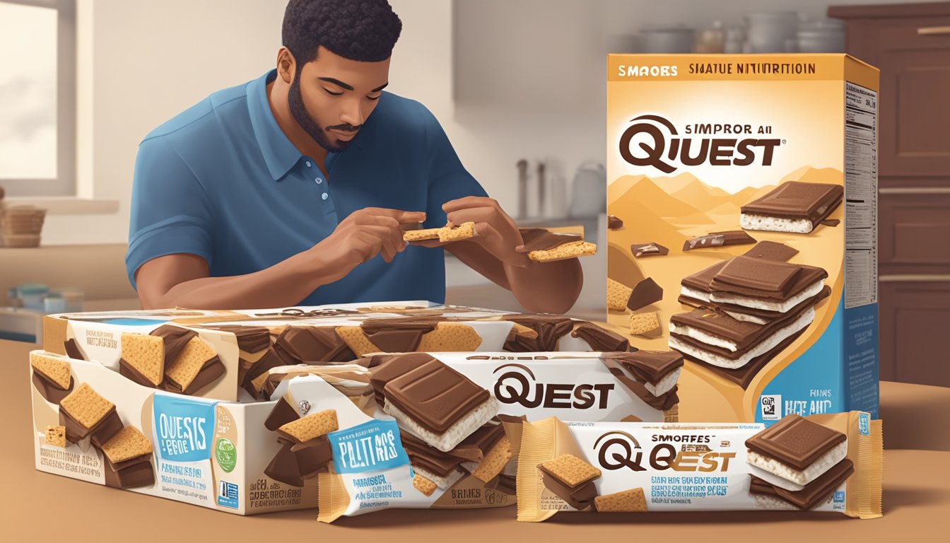 A pile of empty Quest Nutrition S'mores bar wrappers scattered around a half-empty box, with a concerned person looking at the nutritional information