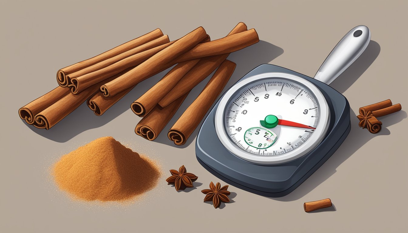 A small pile of cinnamon sticks surrounded by a measuring spoon and a blood sugar monitor