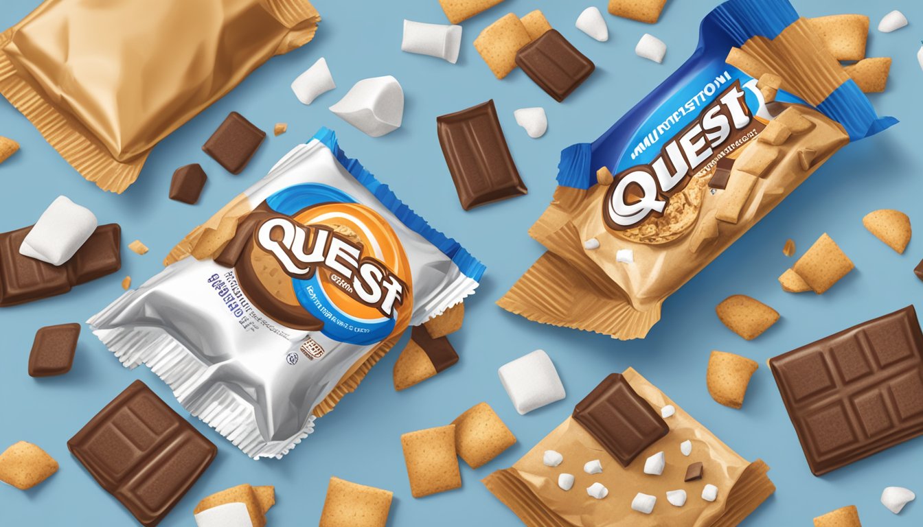 A table with multiple empty Quest Nutrition Smores wrappers scattered around, with a half-eaten bar lying next to a crumpled package