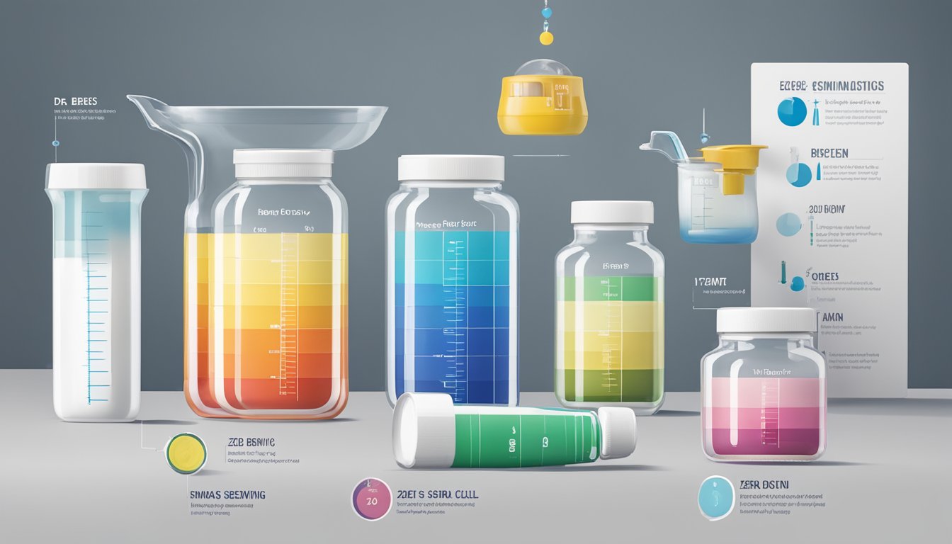 A table with various sizes of Dr. Berg Zero Sugar Hydration bottles, a measuring cup, and a chart showing recommended serving levels