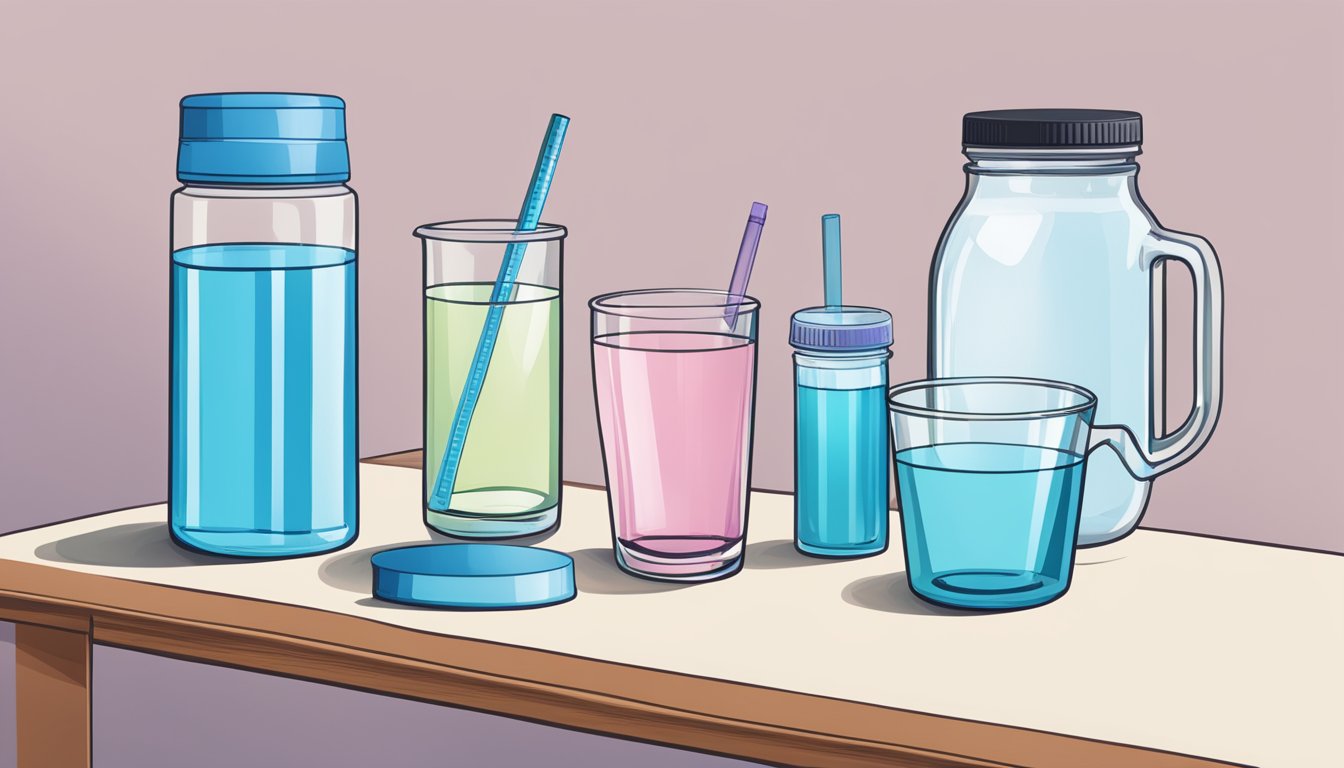 A table with multiple bottles of Dr. Berg Zero Sugar Hydration, a glass of water, and a measuring cup