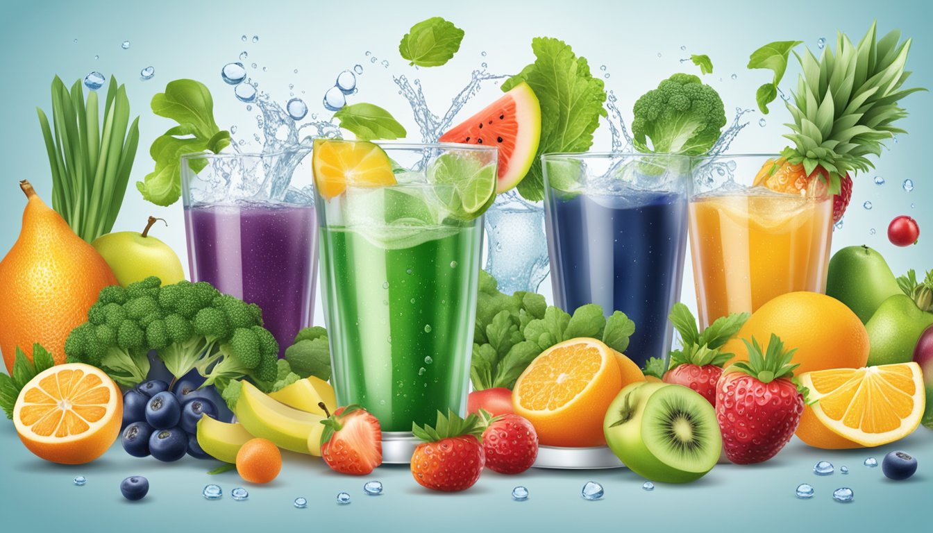 A glass of Dr. Berg Zero Sugar Hydration overflowing with water droplets, surrounded by various fruits and vegetables