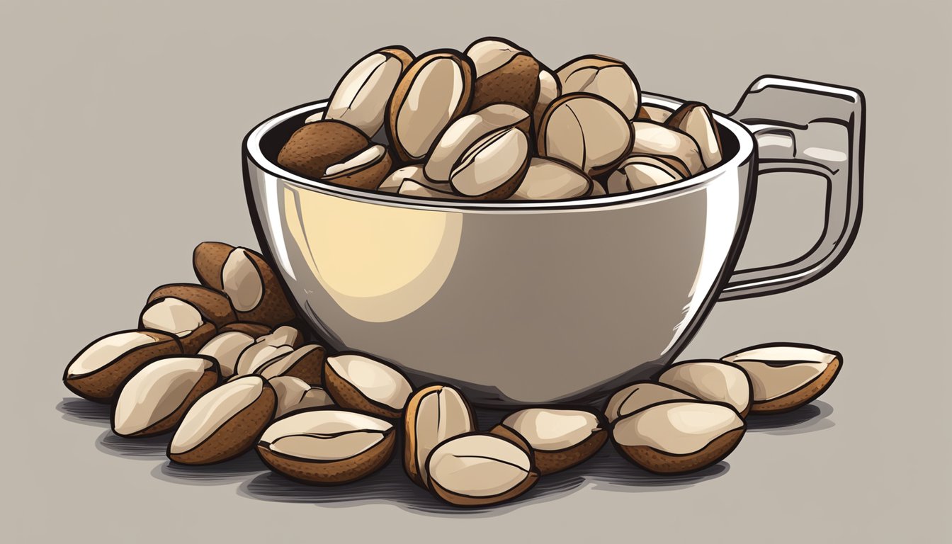 A pile of brazil nuts next to a measuring cup, with the recommended daily intake of selenium highlighted