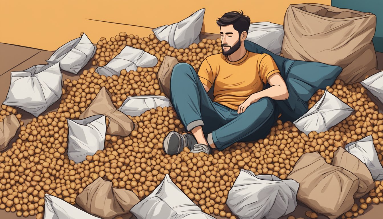 A pile of empty Good Bean Crunchy Chickpeas bags, scattered around a person slumped on a couch, surrounded by more open bags