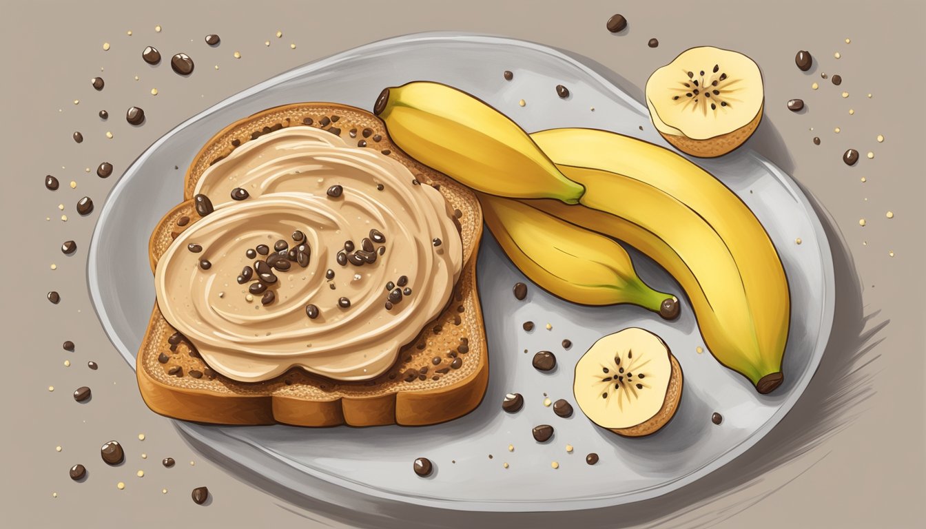 A dollop of peanut butter spread on whole wheat toast with sliced banana and a sprinkling of chia seeds