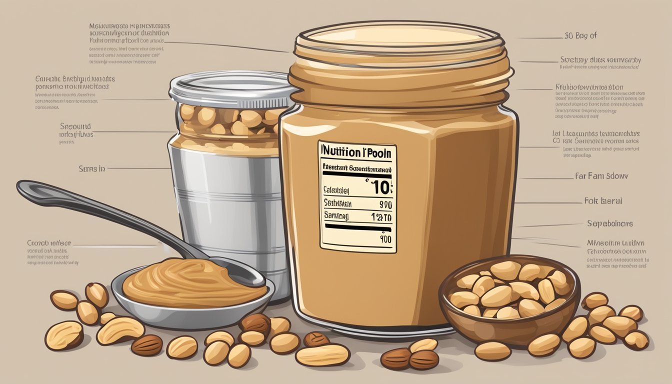 A jar of peanut butter with a measuring spoon next to it, surrounded by a variety of nuts and a nutrition label