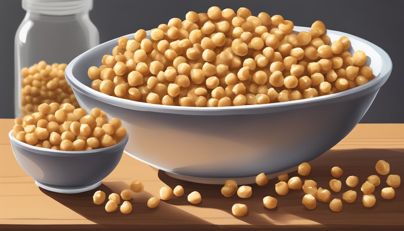 A bowl of crunchy chickpeas overflowing onto a table, with a measuring cup nearby