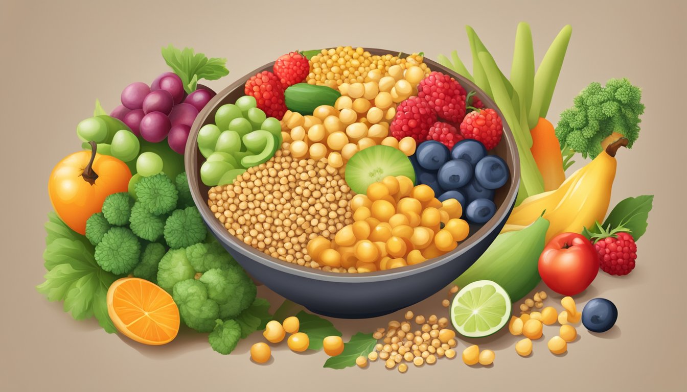 A bowl of crunchy chickpeas surrounded by a variety of colorful fruits, vegetables, and grains, indicating a balanced diet