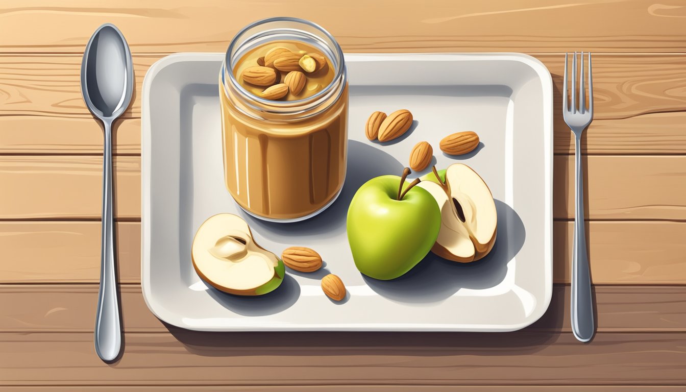 A spoonful of peanut butter on a plate with a sliced apple and a small bowl of mixed nuts on a wooden table