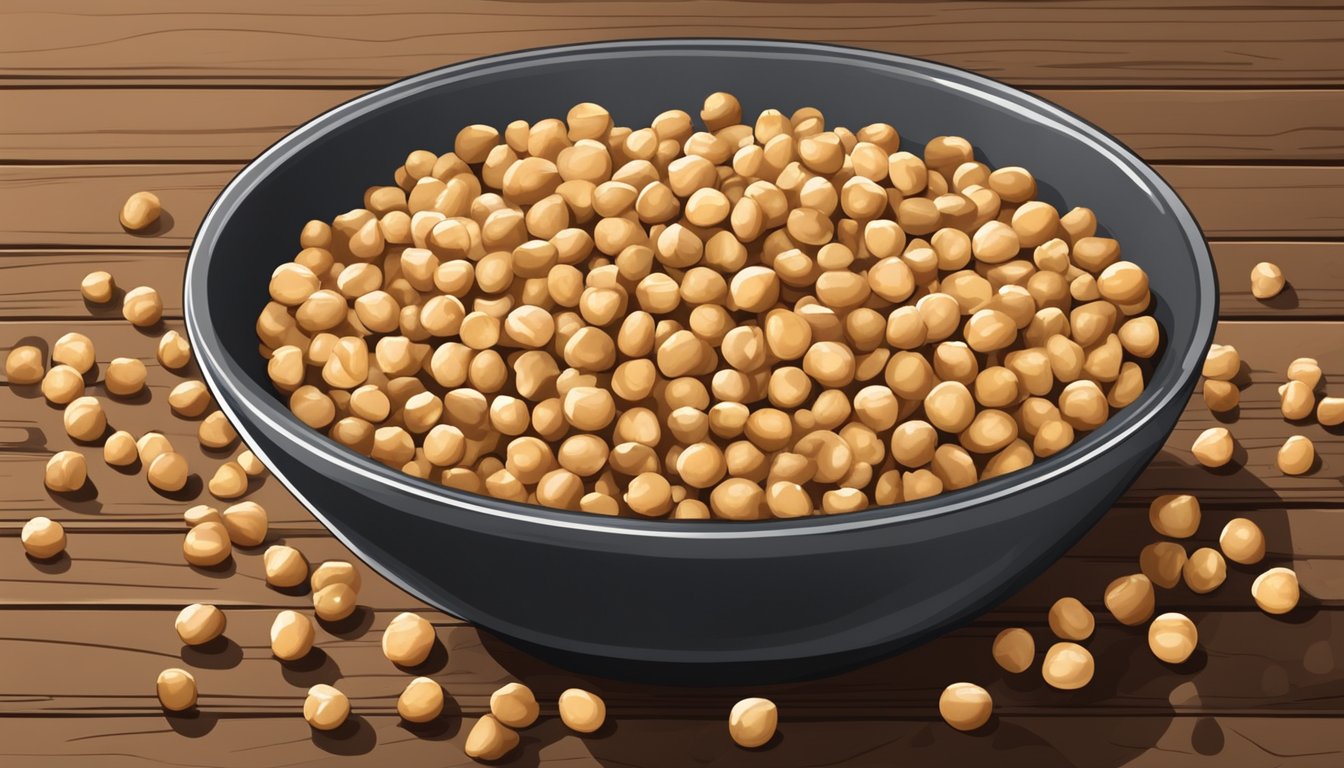 A bowl overflowing with Good Bean crunchy chickpeas, scattered on a rustic wooden table