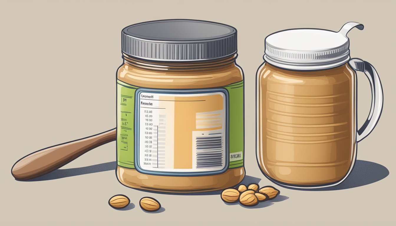 A jar of peanut butter with a measuring spoon next to it, showing a recommended serving size