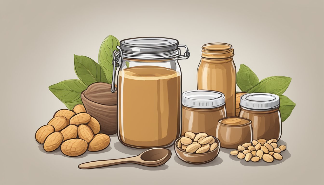 A jar of peanut butter with a measuring spoon next to it, surrounded by various nuts and a list of potential allergens and intolerances