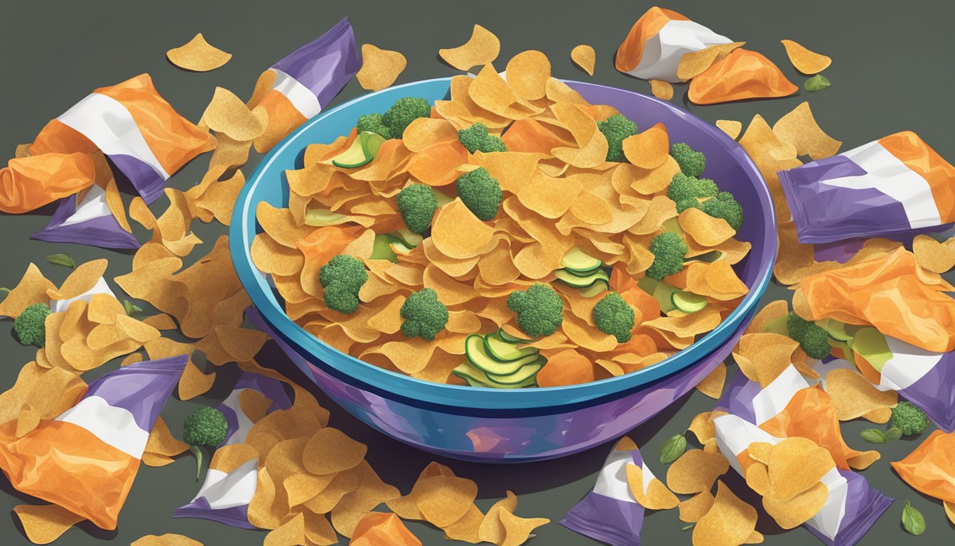 A colorful bowl overflowing with a mountain of Terra vegetable chips, surrounded by empty chip bags