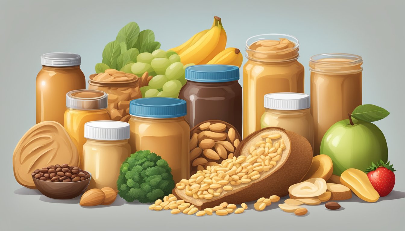 A jar of peanut butter surrounded by a variety of healthy foods like fruits, vegetables, and whole grain bread