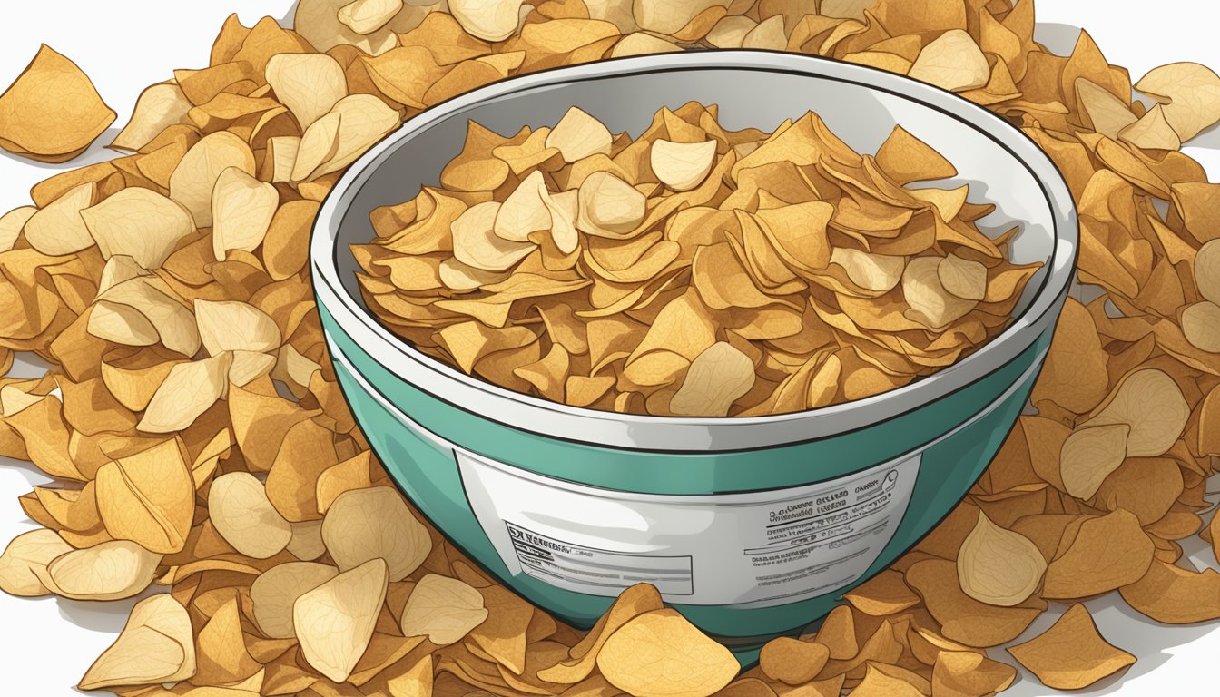 A pile of Terra vegetable chips spilling out of a large bowl, with a nutrition label next to it