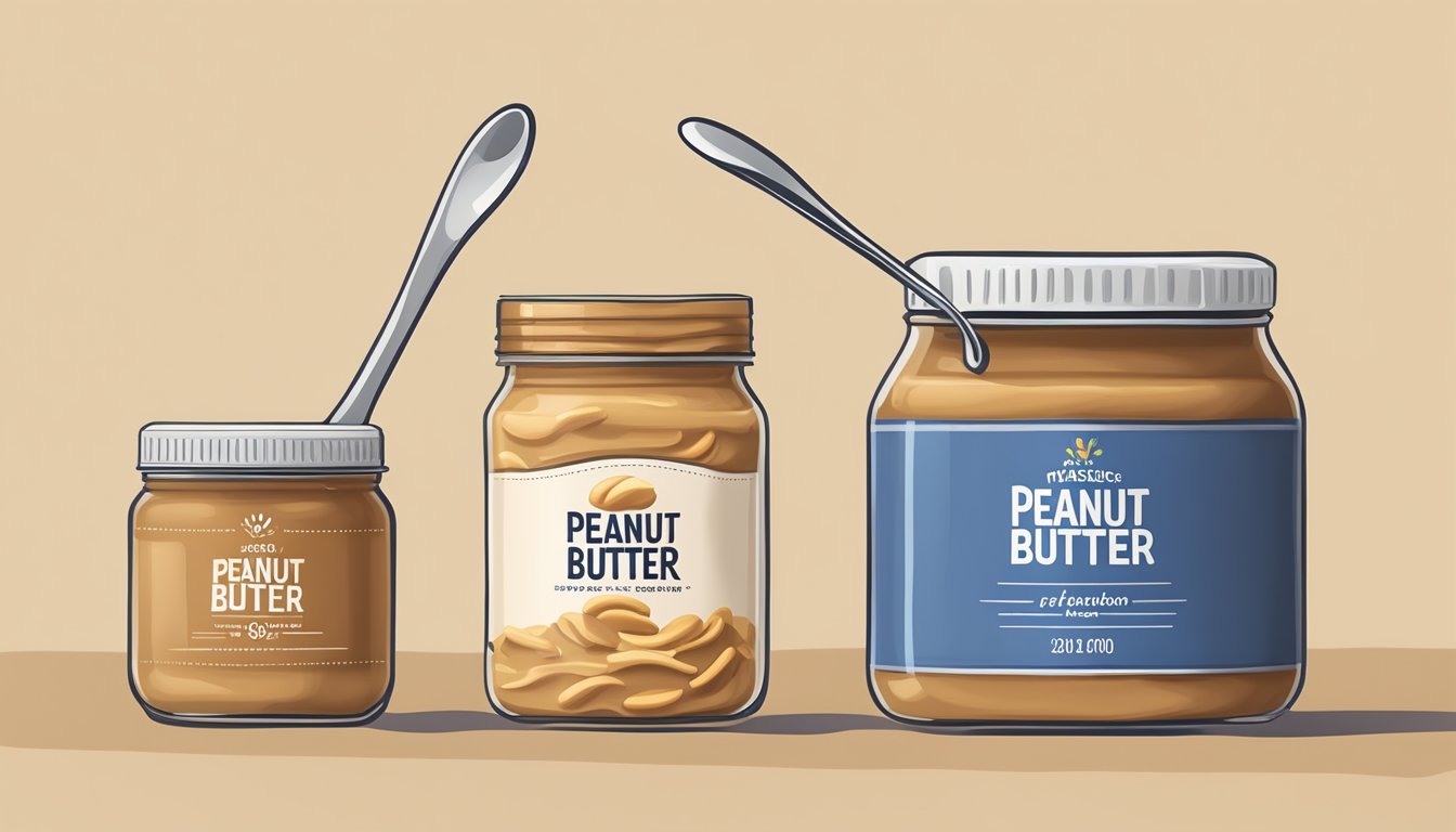 A jar of processed peanut butter next to a jar of natural peanut butter. A spoon with a moderate amount of peanut butter on it, with a measuring spoon nearby