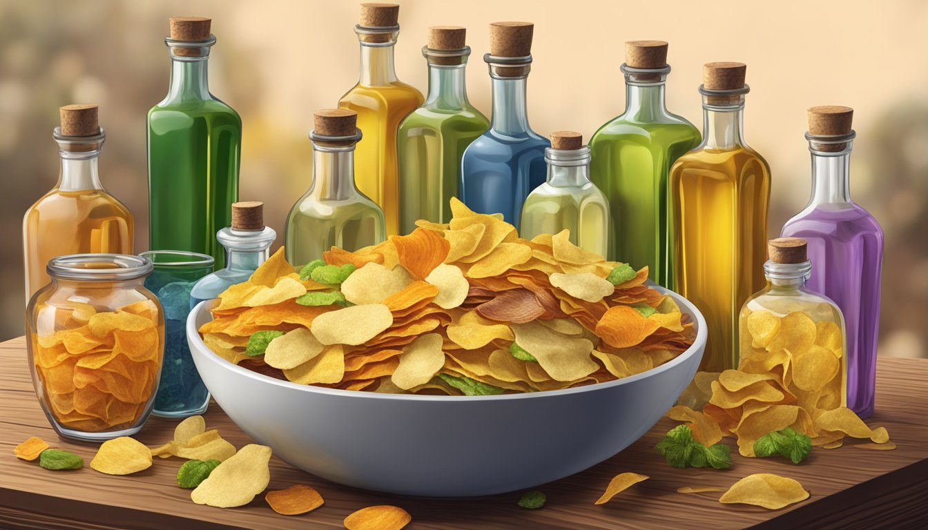 A colorful assortment of terra vegetable chips spills out of a bowl onto a rustic wooden table, surrounded by various bottles of oil