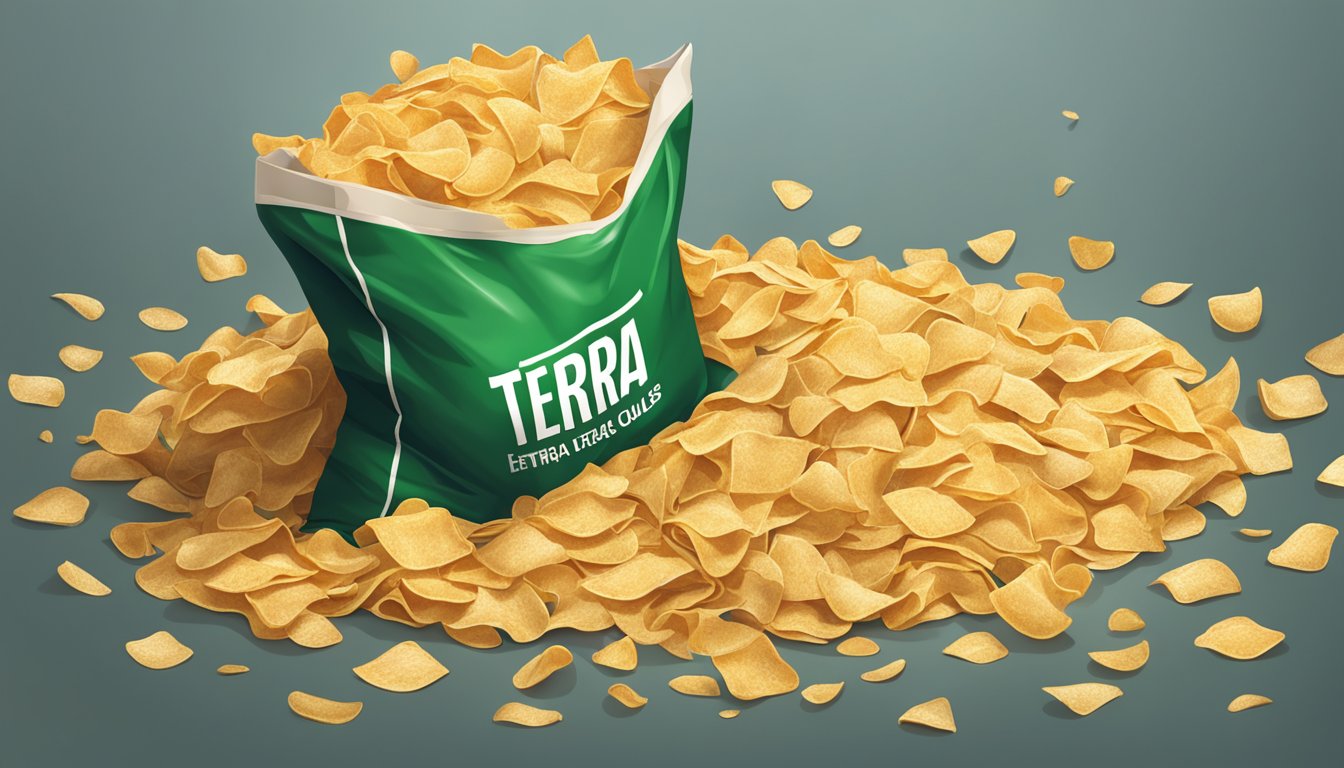 A pile of Terra vegetable chips spilling out of a large, overturned bag, surrounded by empty chip bags