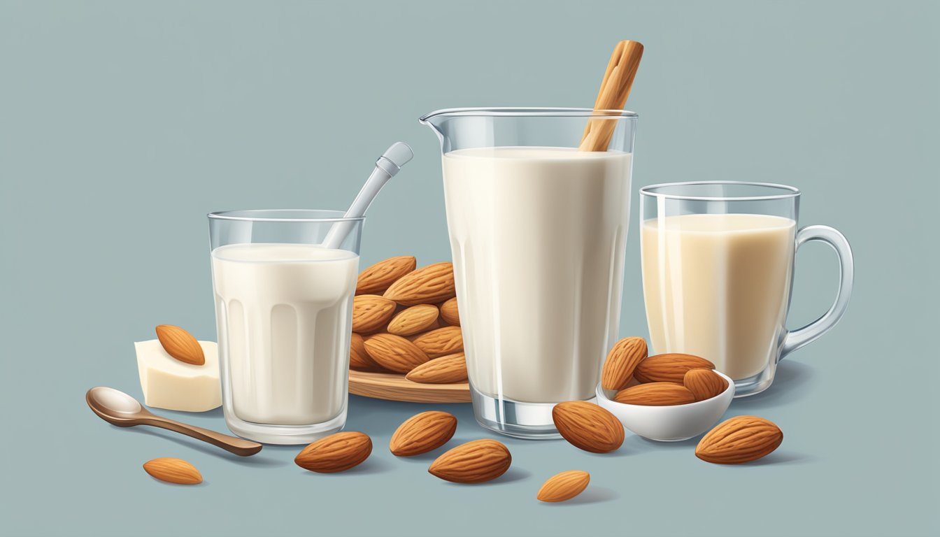 A glass of almond milk surrounded by various dairy products, with a measuring cup and spoon nearby for portion comparison