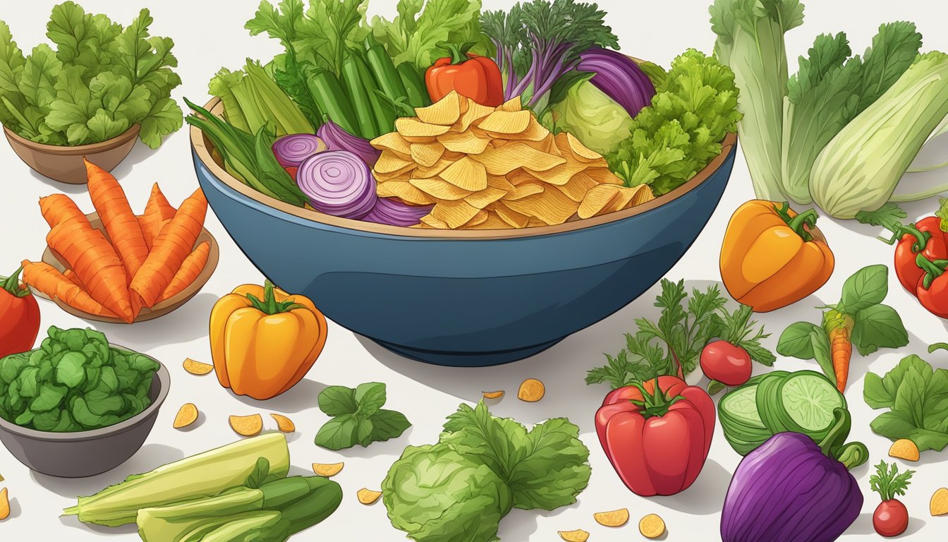 A colorful array of terra vegetable chips spilling out of a large, overturned bowl, surrounded by a variety of fresh vegetables and herbs