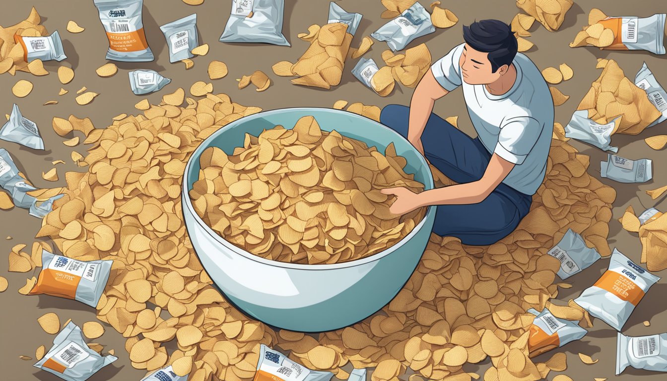 A pile of Terra vegetable chips overflowing from a large bowl, surrounded by empty chip bags and a concerned person checking the nutrition label