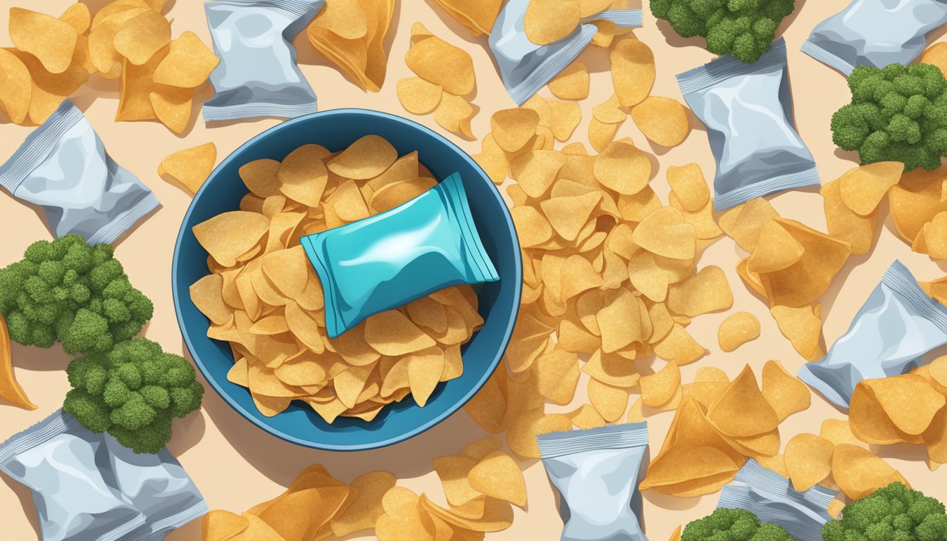 A bowl overflowing with Terra vegetable chips, surrounded by empty chip bags