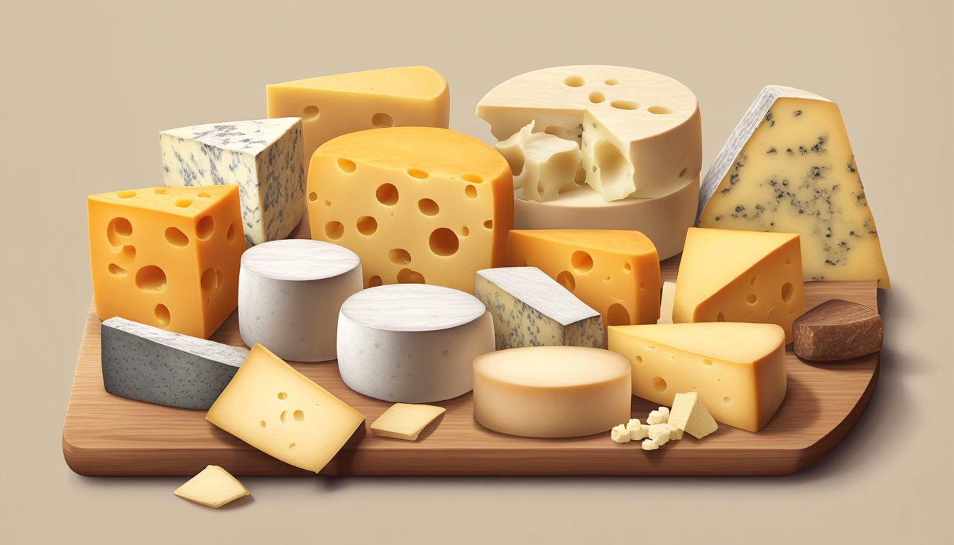 A variety of cheese types arranged on a wooden board with labels. Slices, wedges, and blocks of cheese in different colors and textures