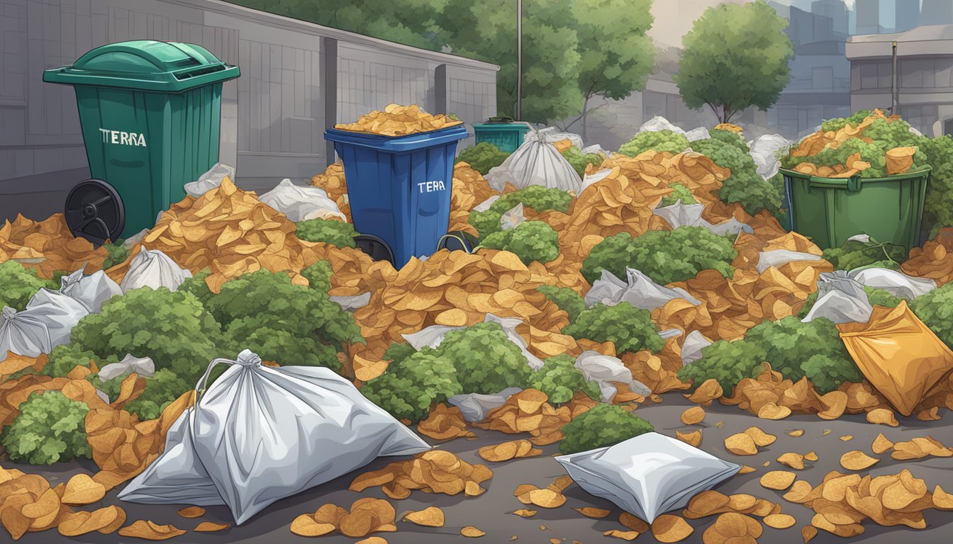 A pile of empty Terra vegetable chip bags surrounded by wilted plants and overflowing trash bins