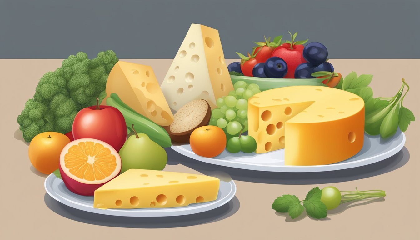 A plate with a measured portion of cheese next to a variety of fruits and vegetables