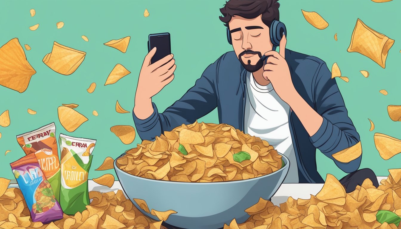 A bowl overflowing with Terra vegetable chips, surrounded by empty chip bags and a concerned person holding a phone, looking up serving sizes