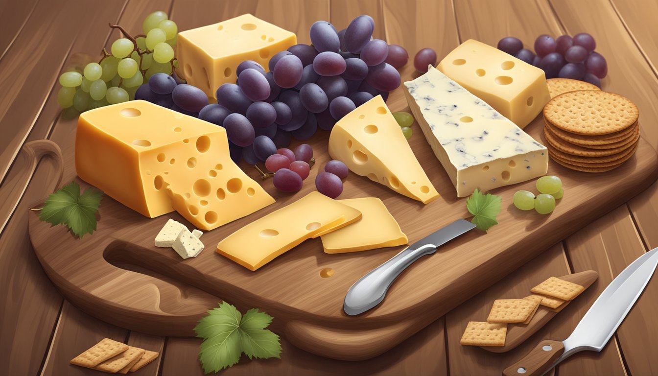 A cheese board with various types of cheese, grapes, and crackers laid out on a wooden platter, with a knife and small serving plates nearby