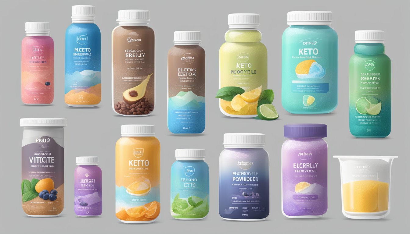 A variety of electrolyte-rich foods and drinks, including keto vitals electrolyte powder, displayed in measured servings