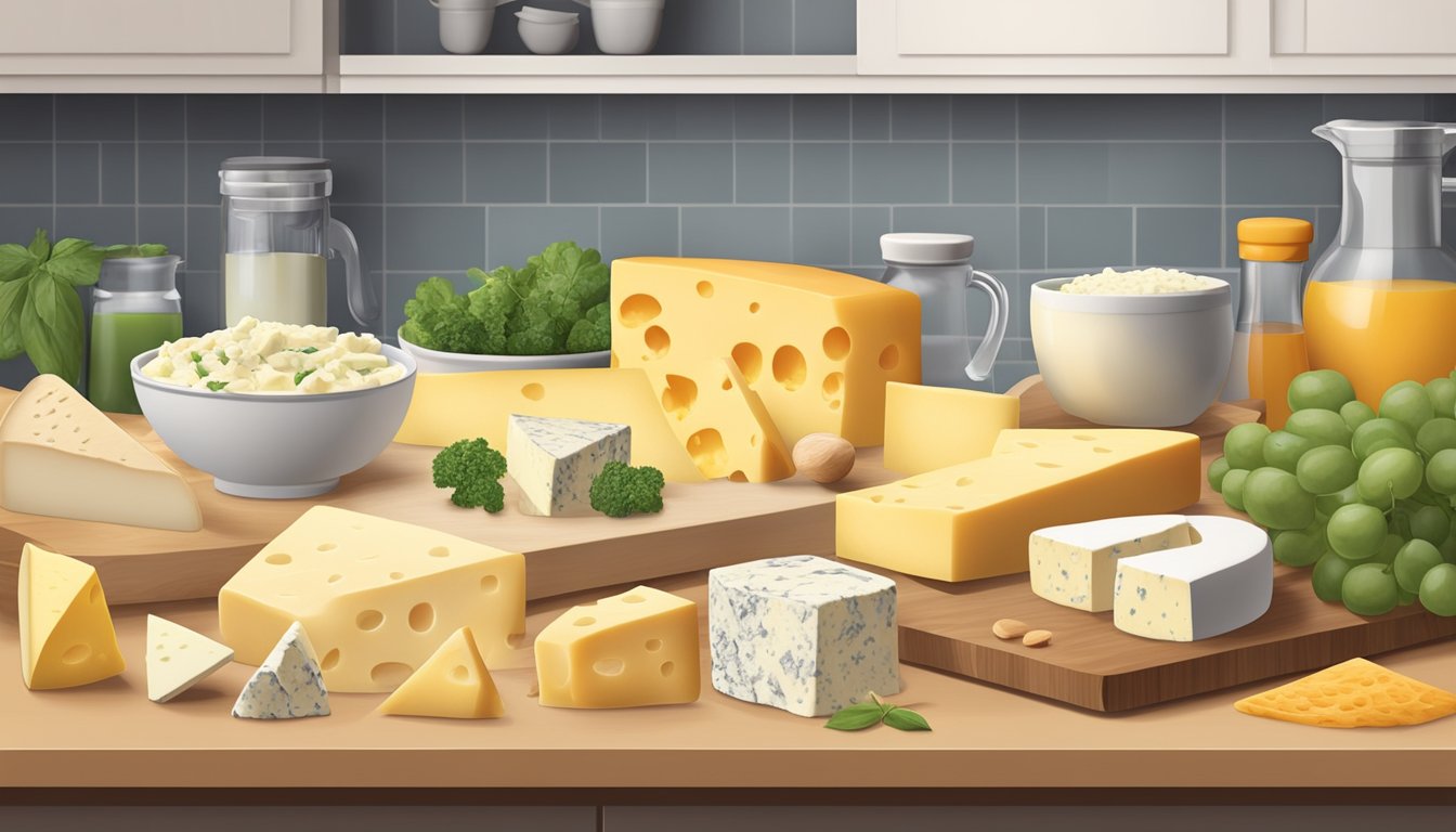 A kitchen counter with a variety of cheeses in different shapes and sizes, along with a measuring cup and a nutrition guide