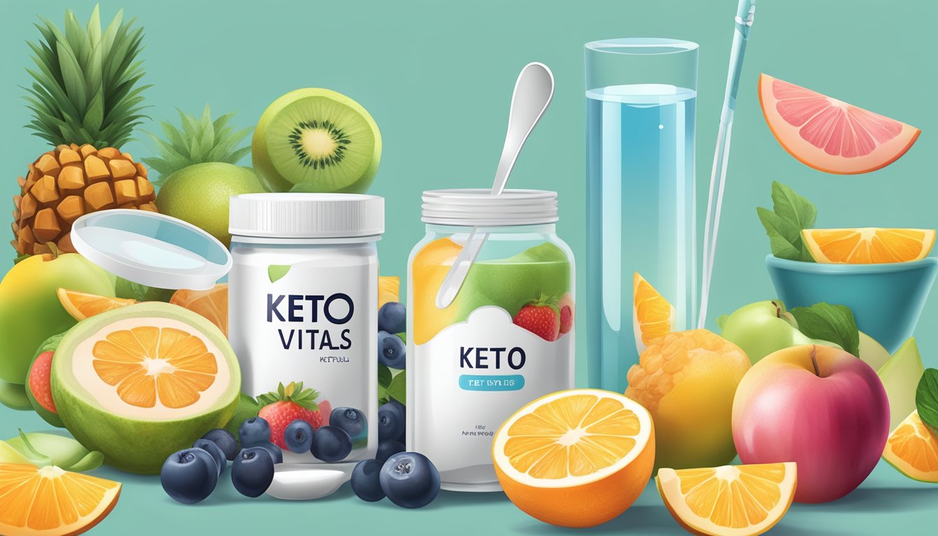 A jar of Keto Vitals Electrolyte Powder with a measuring spoon, surrounded by various fruits and a glass of water