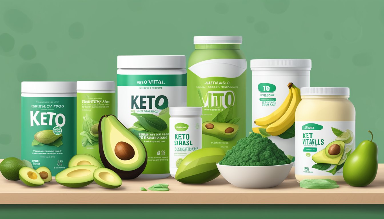 A variety of natural foods such as bananas, avocados, and spinach are displayed alongside containers of keto vitals electrolyte powder