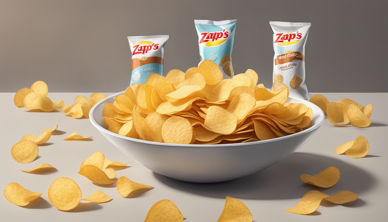 A bowl overflowing with Zapp's Potato Chips, surrounded by empty chip bags